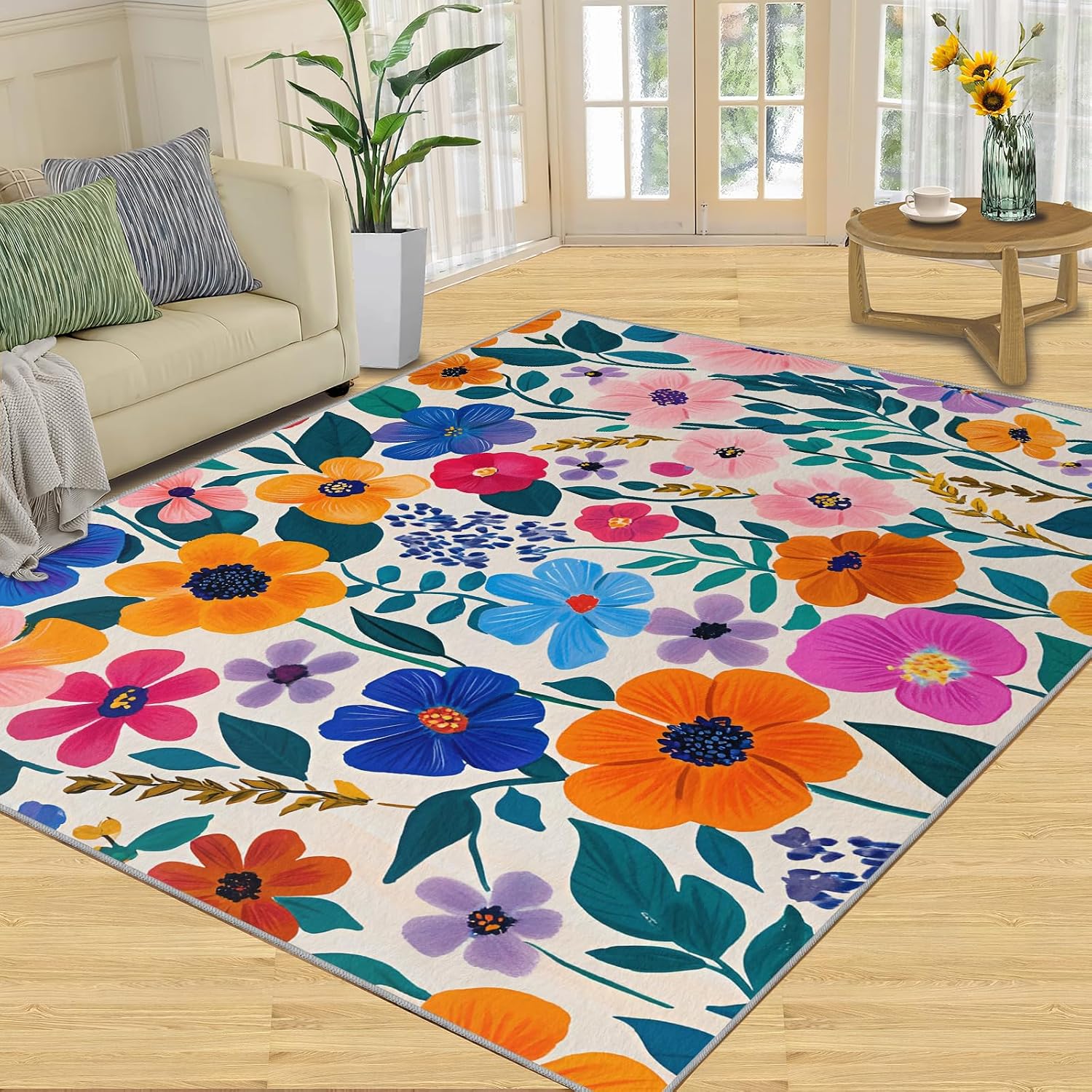 Colorful Florals Rug 6x8 - Simple Florals Large Rugs for Living Room, 1970s Flowers Carpet Area Rug for Girls Bedroom Kids Room Basement Office Classroom