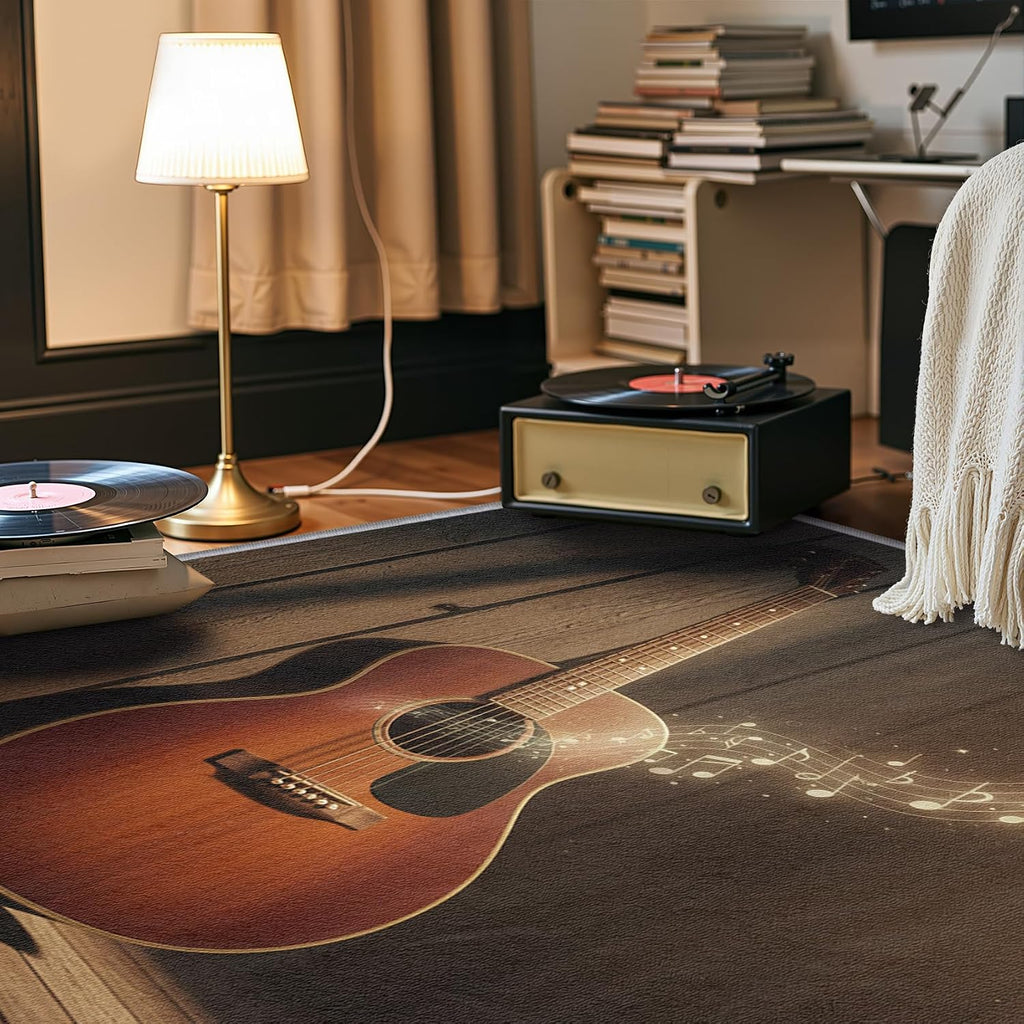 Guitar Rugs for Music Room - 6x8 Rug, Music Note Living Room Rugs, Vintage Guitar Bedroom Rug, Music Themed Carpet, Retro Musical Home Decor & Gifts