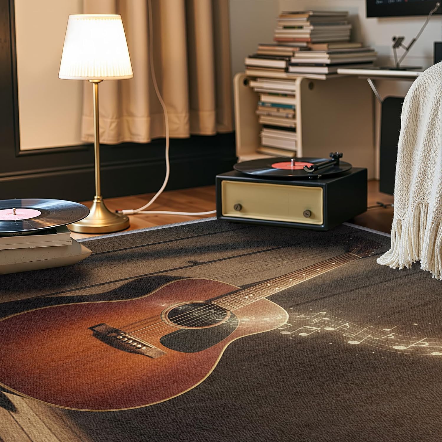 Guitar Rugs for Music Room - 5x6 Rug, Music Note Living Room Rugs, Vintage Guitar Bedroom Rug, Music Themed Carpet, Retro Musical Home Decor & Gifts