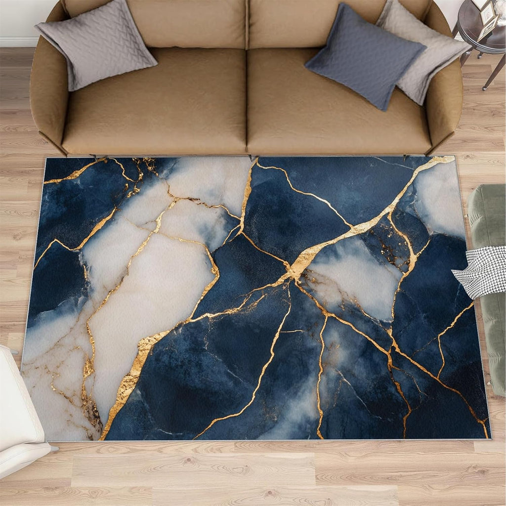 Blue Gold Carpet - Large Rug 6x8 - Marble Rugs for Living Room - Soft & Non Slip & Washable Rugs for Bedroom, Light Luxury Carpets for Dining Room Lounge Girls Room