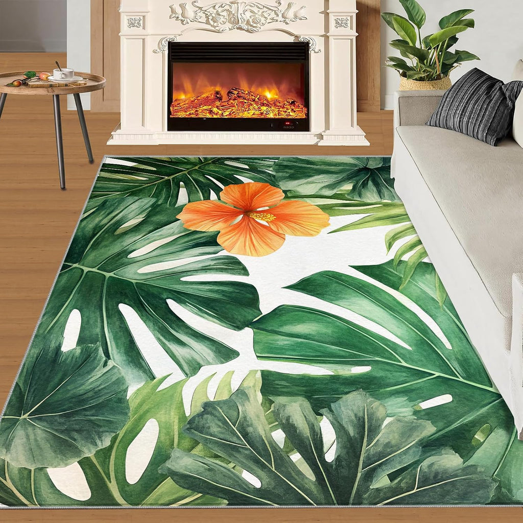 Hibiscus Rug 6x8-6x8 Rug, Tropical Monstera Area Rugs for Living Room Bedroom, Floral Botanical Area Rugs, Modern Washable Carpet, Aesthetic Carpet, Floral Home Decor