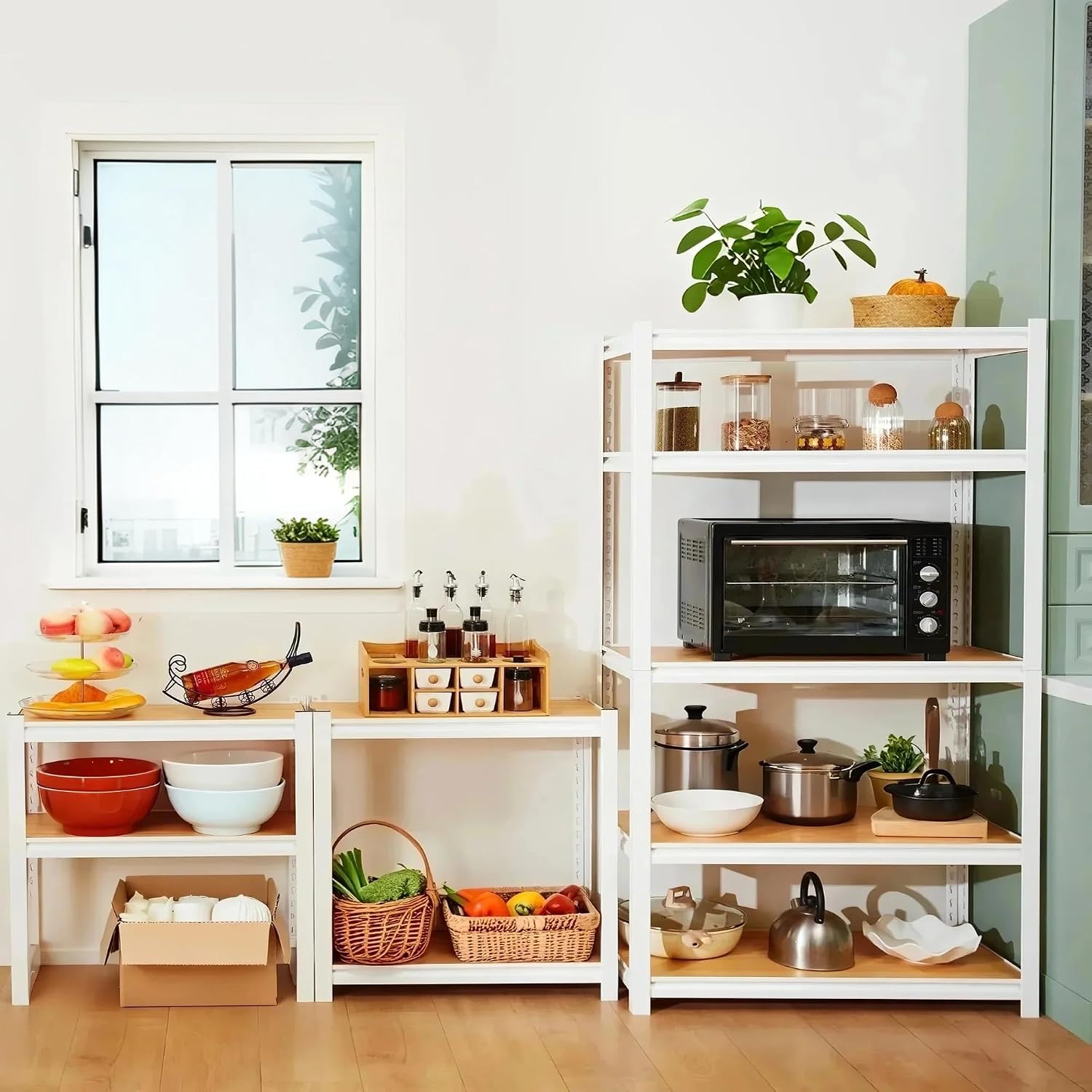 5 Tier White Storage Shelves - Adjustable Pantry Shelves Metal Closet Shelf, Heavy Duty Shelving Unit Utility Rack Organizer for Kitchen Closet Pantry Garage, 28' W x 12' D x 59' H, Set of 2