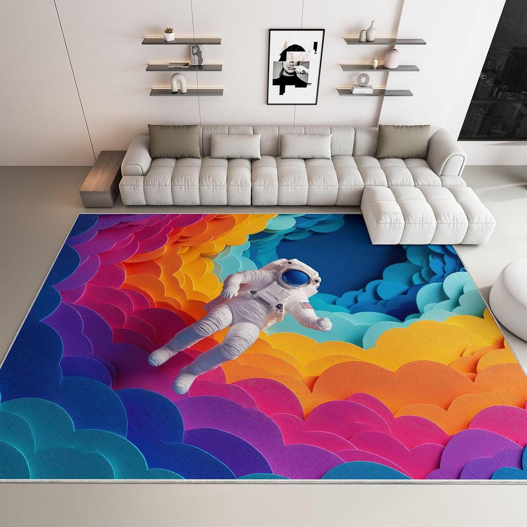 Abstract Washable 5 x 7 ft Area Rugs for Living Room, Bedroom, Dining Room Kitchen, Office Carpet, Geometric Rainbow Space Astronaut Stain Resistant Non-Slip Large Rug, Durable Easy to Clean