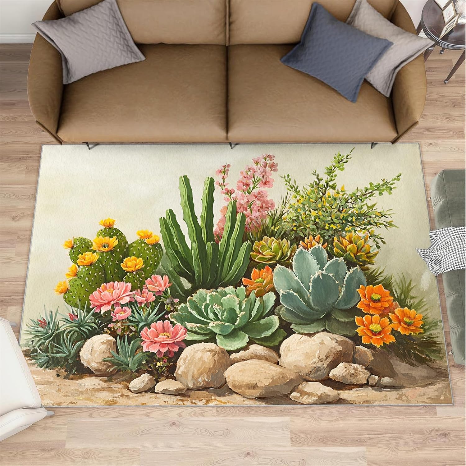 Flowers Rug 6x8, Cactus Area Rug, Desert Plants Rugs for Living Room, Decor Rugs for Bedroom, Low Pile Non Slip Carpet