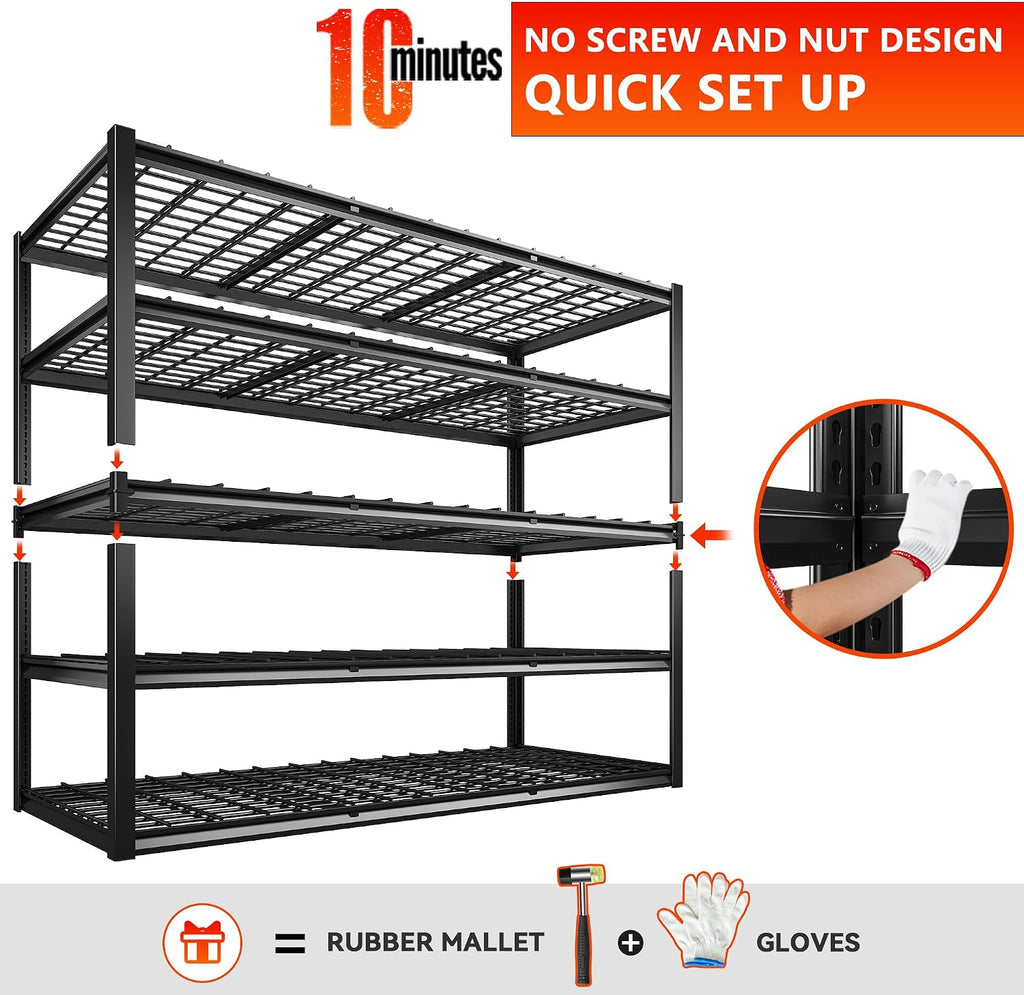 REIBII 60' W Heavy Duty Garage Shelving,3000LBS Storage Shelves Metal Shelving,Adjustable Shelves for ndustrial 5 Tier Garage Shelves for Shop Commercial Warehouse Basement Pantry60 W x 24' D x 72' H