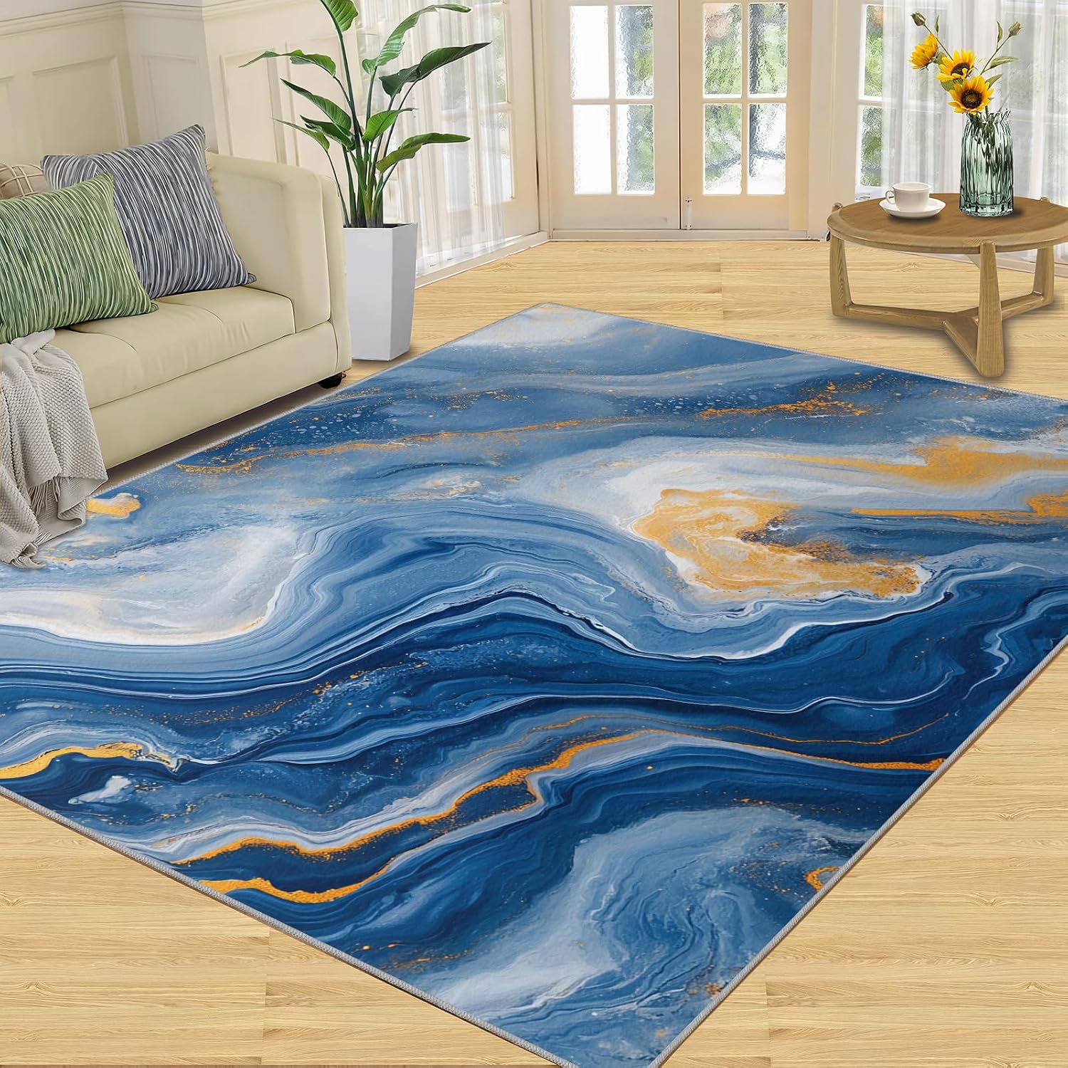 Blue Fluid Carpet - Large Rug 6x8 - Blue Gold Rugs for Living Room - Soft & Non Slip & Washable Rugs for Bedroom, Marble Carpets for Dining Room Lounge Girls Room