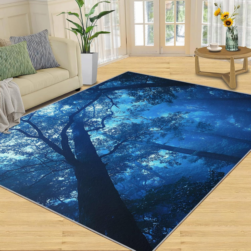 Misty Forest Area Rug Large - 6x8 Rug, Blue Forest Rugs for Living Room, Woodland Area Rugs for Bedroom, Natural Scenery Washable Carpet, Landscape Home Decor & Gifts