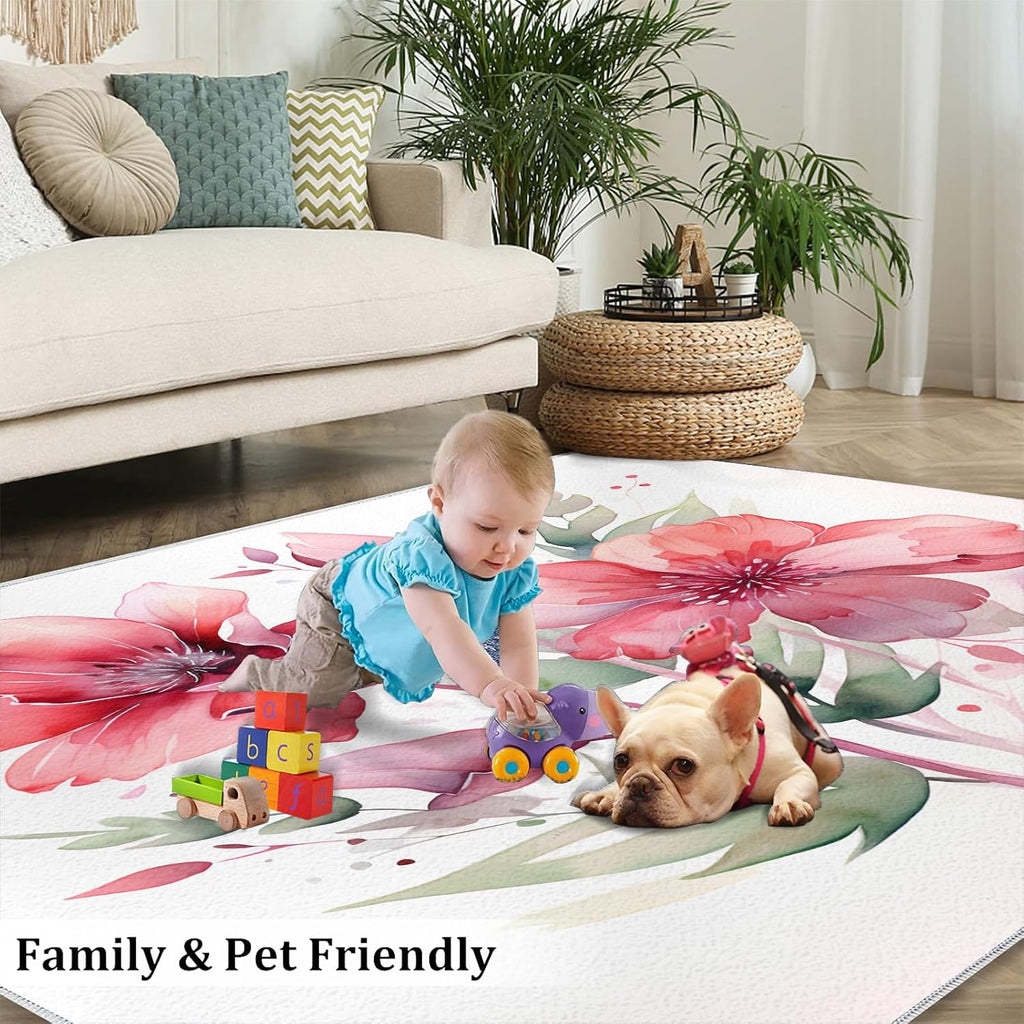 Area Rug 6x8ft, Red Flowers Rugs for Living Room, Simple Plants White Bedroom Rug, Machine Washable Breathable Durable Indoor Carpet for Bedside Porch Entryway Office