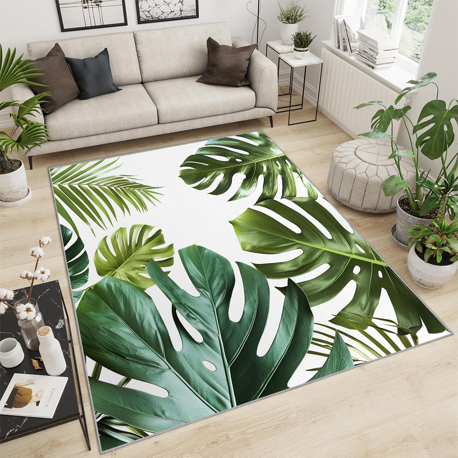 Area Rug 6x8ft, Simple Plants Rugs for Living Room, Leaves Tropical Theme Bedroom Rugs, Ultra Soft Non-Slip Short Pile Carpet for Kids Room Under Kitchen Table Office Bedside