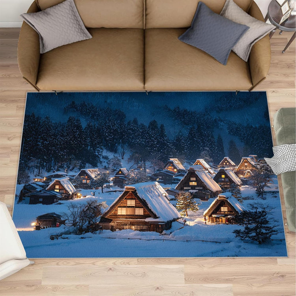 Fairytale Forest Rugs for Bedroom, Winter Snow Scene Rug 6x8, Village Night View Dining Room Rugs Washable & Non Slip Large Carpet for Home Decor