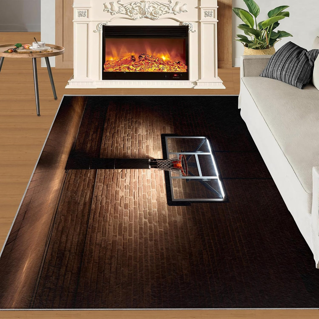 Area Rug 6x8ft, Basketball Court Rug, Basketball Sports Theme Living Room Rugs, Ultra Soft Non Slip Machine Washable Easy Care Carpet for Bedroom Study Office Apartment Room
