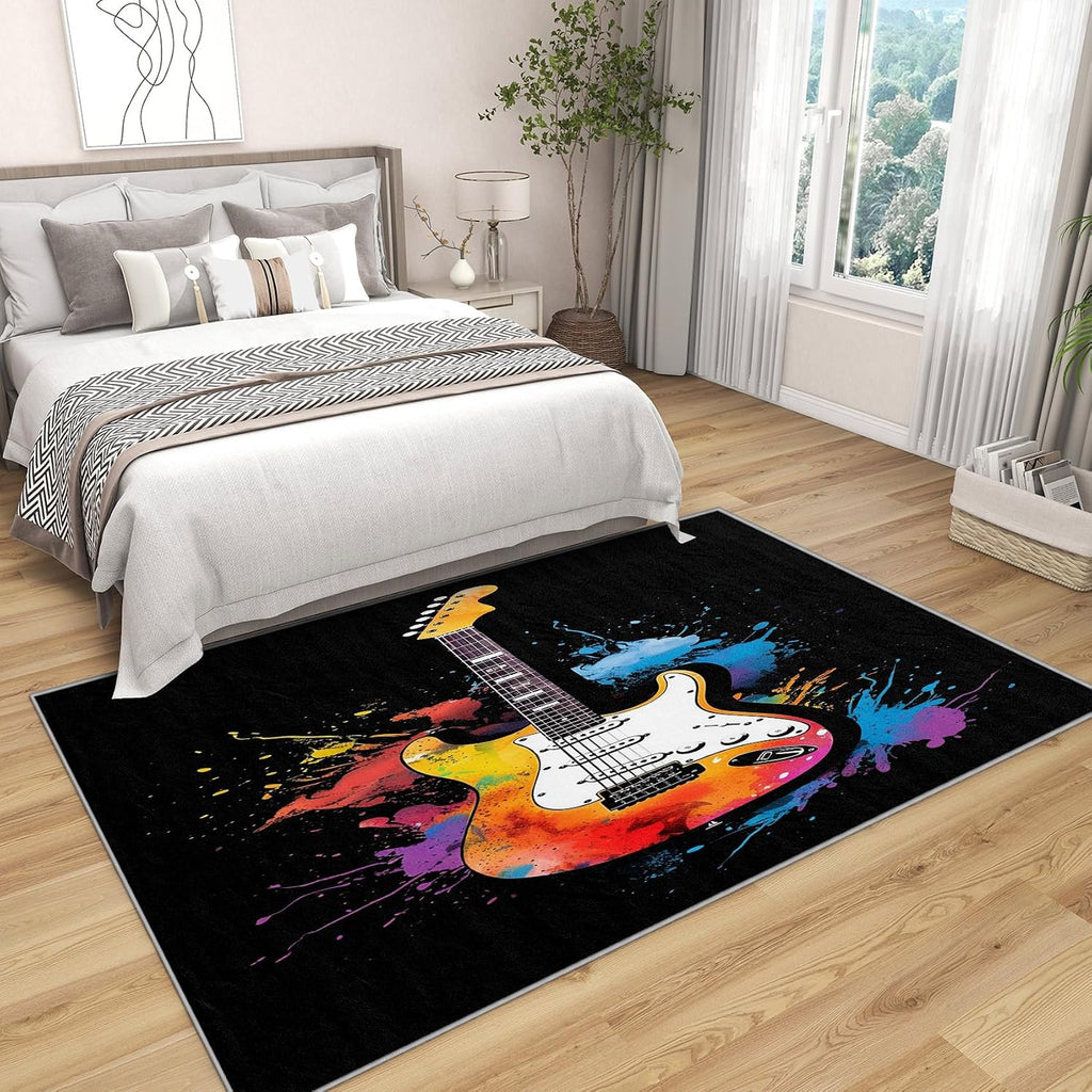 Guitar Rugs for Music Room - 5x7 Area Rugs, Graffiti Rug, Rock and Roll Rug for Living Room, Boys Music Hip Hop Washable Bedroom Carpet, Electric Guitar Home Decor & Gifts