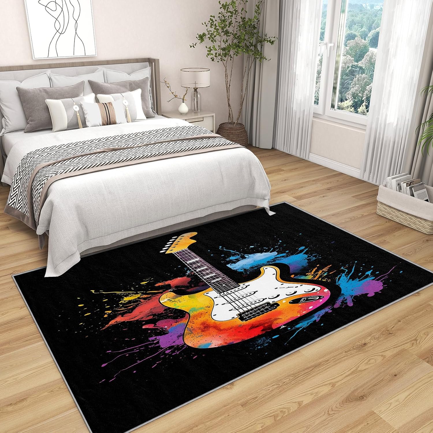 Guitar Rugs for Music Room - 5x7 Area Rugs, Graffiti Rug, Rock and Roll Rug for Living Room, Boys Music Hip Hop Washable Bedroom Carpet, Electric Guitar Home Decor & Gifts