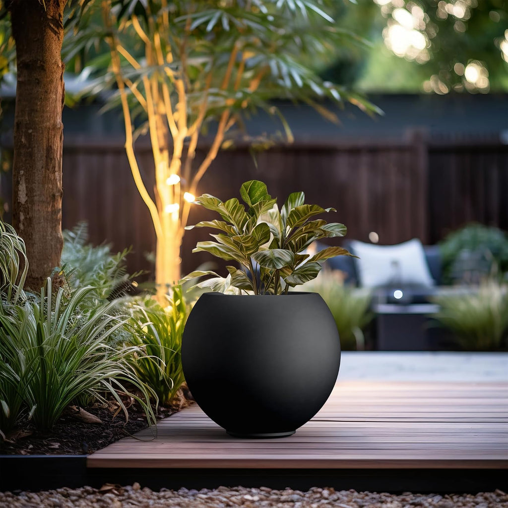 Kante Round Concrete Flower Pot, 19.3 Inch Dia (14' Opening) Sphere Shape Design Planter with Drainage Hole and Rubber Plug for Indoor & Outdoor Plants, Black Finish with Painted Interior
