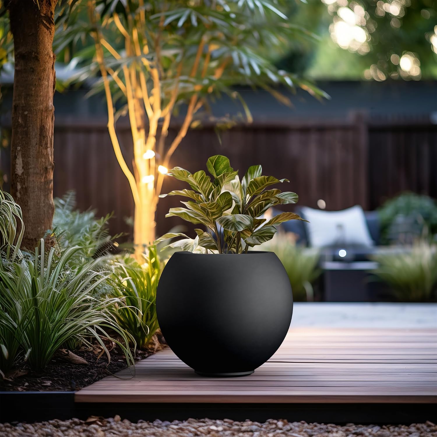 Kante Round Concrete Flower Pot, 19.3 Inch Dia (14' Opening) Sphere Shape Design Planter with Drainage Hole and Rubber Plug for Indoor & Outdoor Plants, Black Finish with Painted Interior