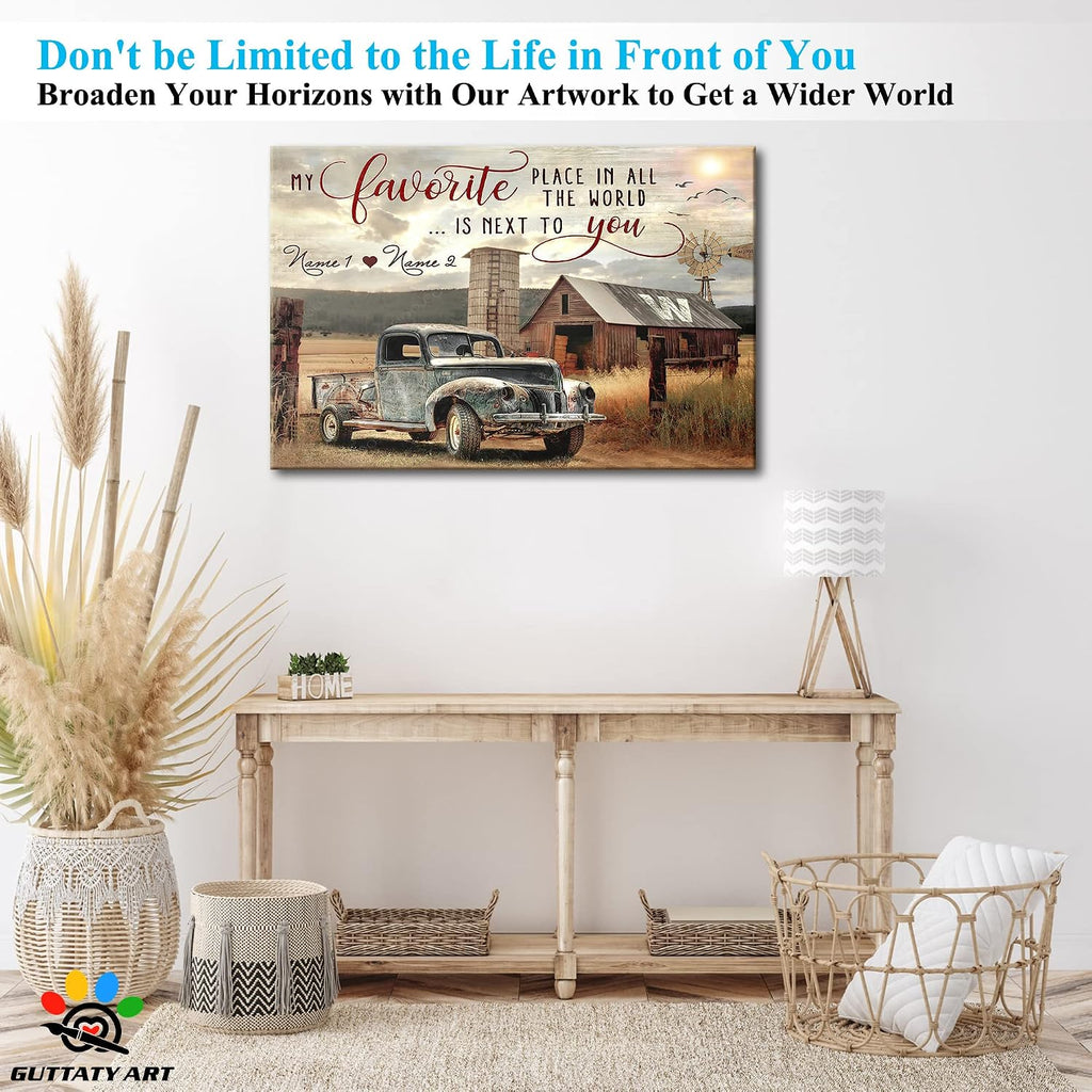 Farmhouse Truck Wall Art, Old Truck Wall Art, Rustic Farmhouse Canvas Wall Art, Vintage Truck Canvas Wall Art, Personalized Valentines Day Gifts, Customized Anniversary Couples Gifts 32x48 Inches