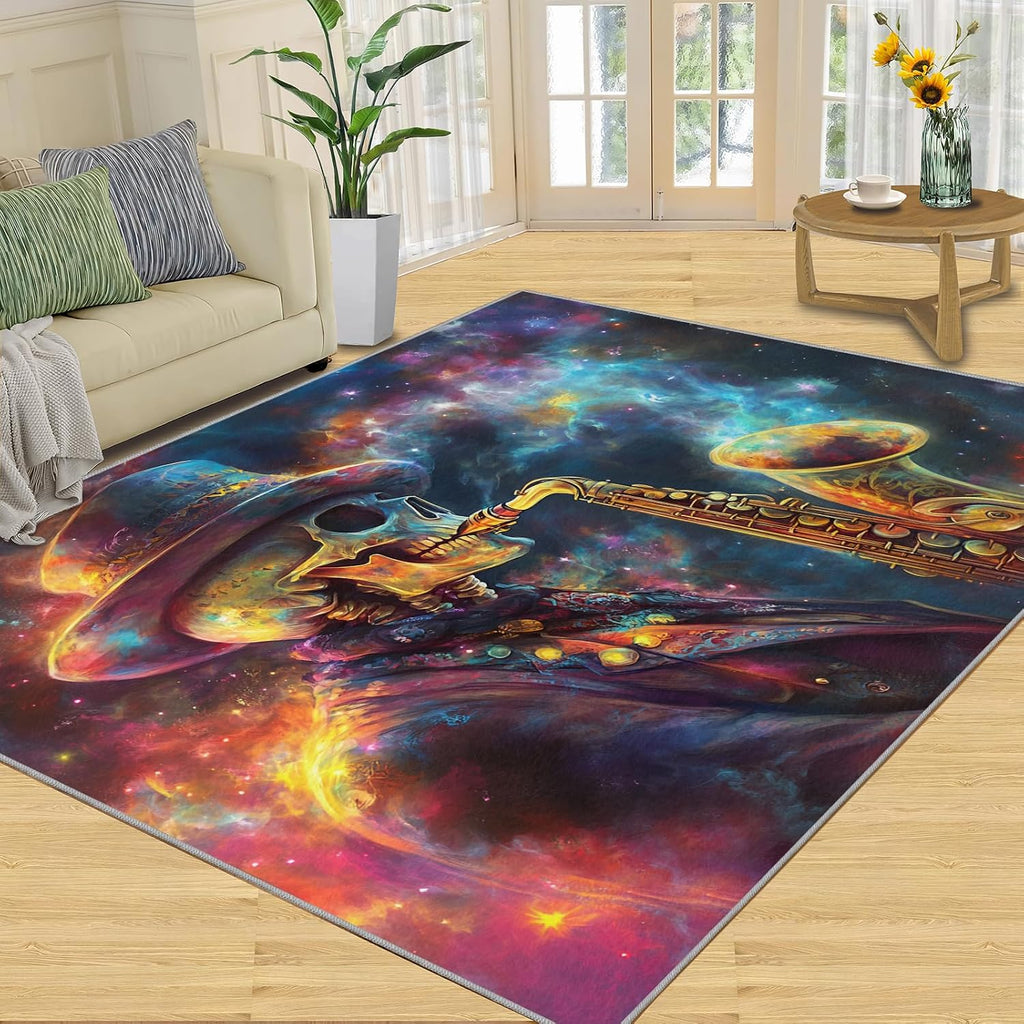 Saxophone Rug for Bedroom 6x8 Rug Skull Rugs, Gothic Style Home Decor, Non Slip Washable Large Rugs, Abstract Musical Instrument Carpet for Boys and Girls Teen Playroom