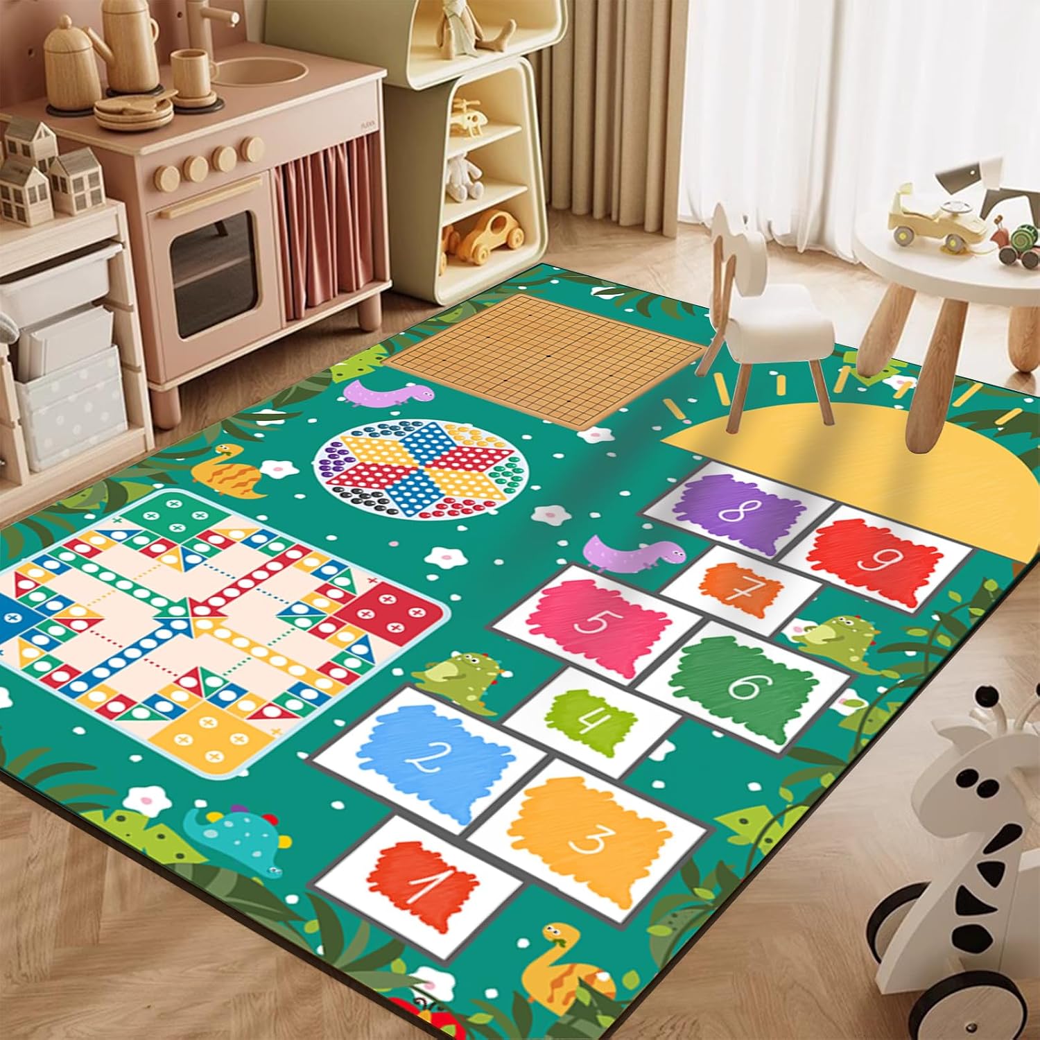 Hopscotch Cartoon Kids Rugs, 6x8ft, Flying Chess Gobang Classroom Playing Carpet, Washable Home Decor Non-Skid Carpet, Non-Shedding Low Pile Thin Nursery Mat for Kitchen Indoor Entryway