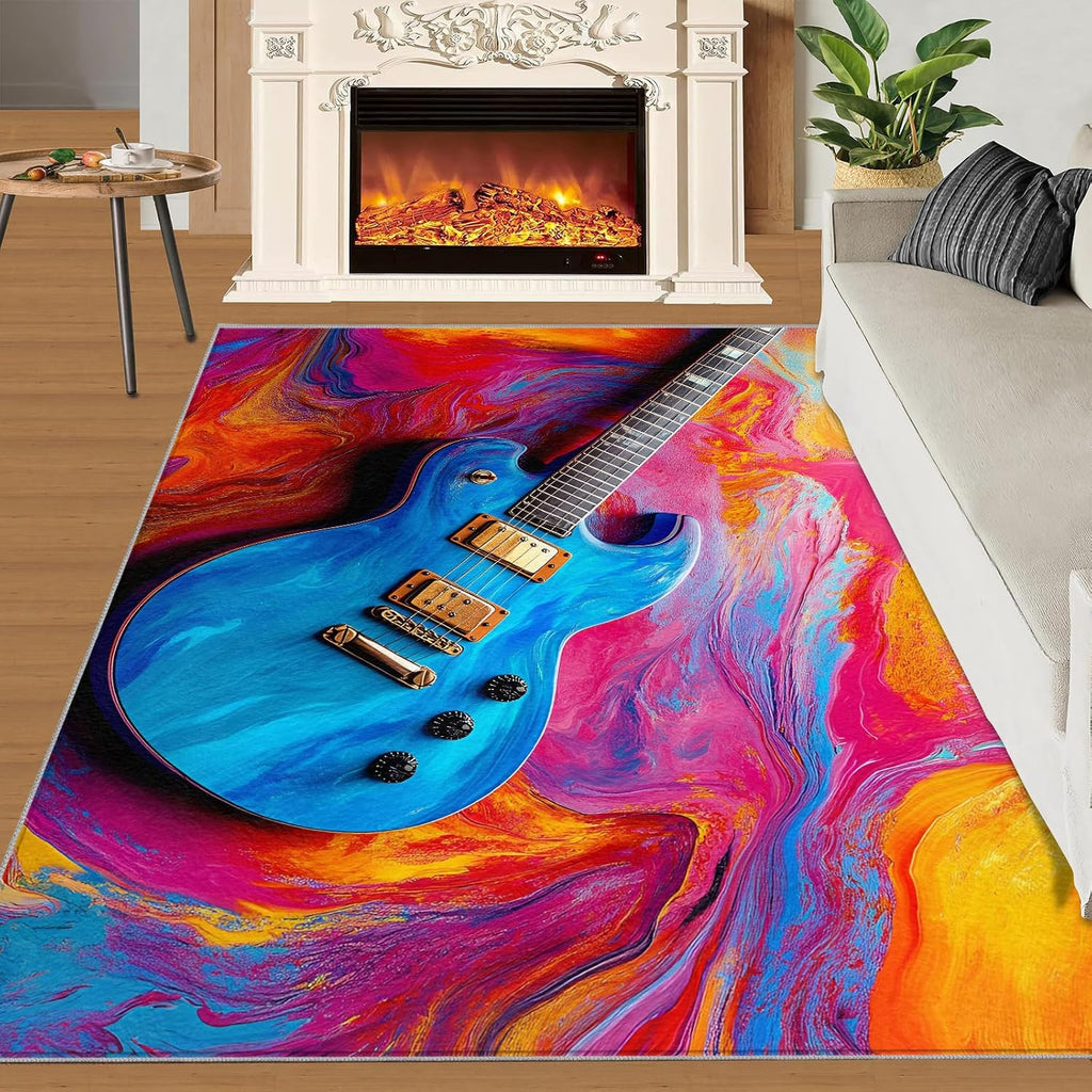 Guitar Area Rug 5x7-5x7 Rug, Colorful Rugs for Living Room, Music Carpet, Musical Instrument Washable Area Rugs for Bedroom, Boys Carpet, Guitar Home Decor