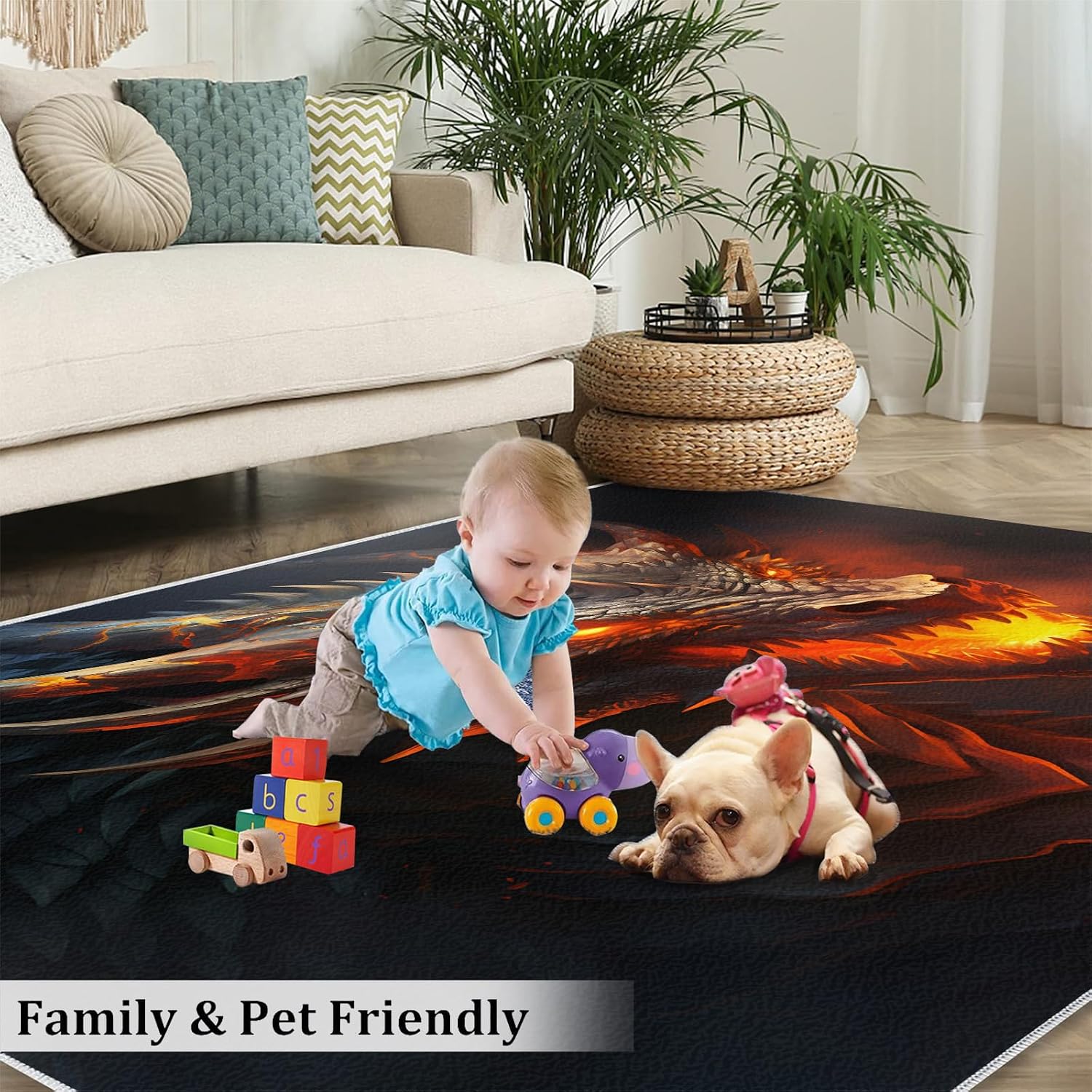 Area Rug 6x8ft, Flame Dragon Rugs for Living Room, Boy Likes Fashion Bedroom Rugs, Ultra Soft Non-Slip Short Pile Carpet for Kids Room Under Kitchen Table Office Bedside