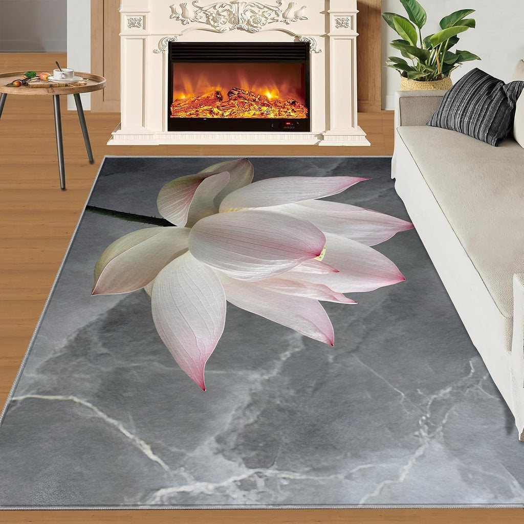 Lotus Area Rug Large - 6x8 Rug, Luxury Marble Rugs for Living Room, Flower Carpet, Floral Washable Area Rugs for Bedroom, Aesthetic Carpet, Floral Home Decor