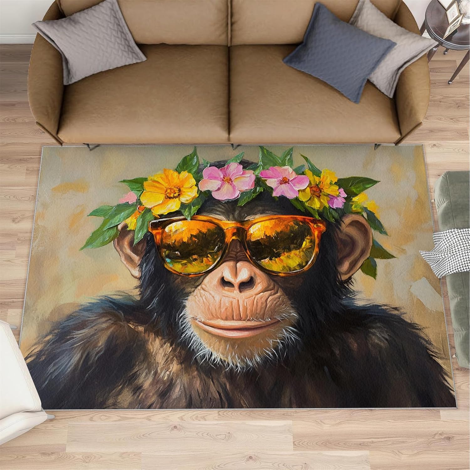 6x8 Chimp Area Rug - Chimpanzee Large Rugs for Living Room, Floral Crown Chimpanzee Carpet Area Rug for Girls Bedroom Kids Room Basement Office Classroom