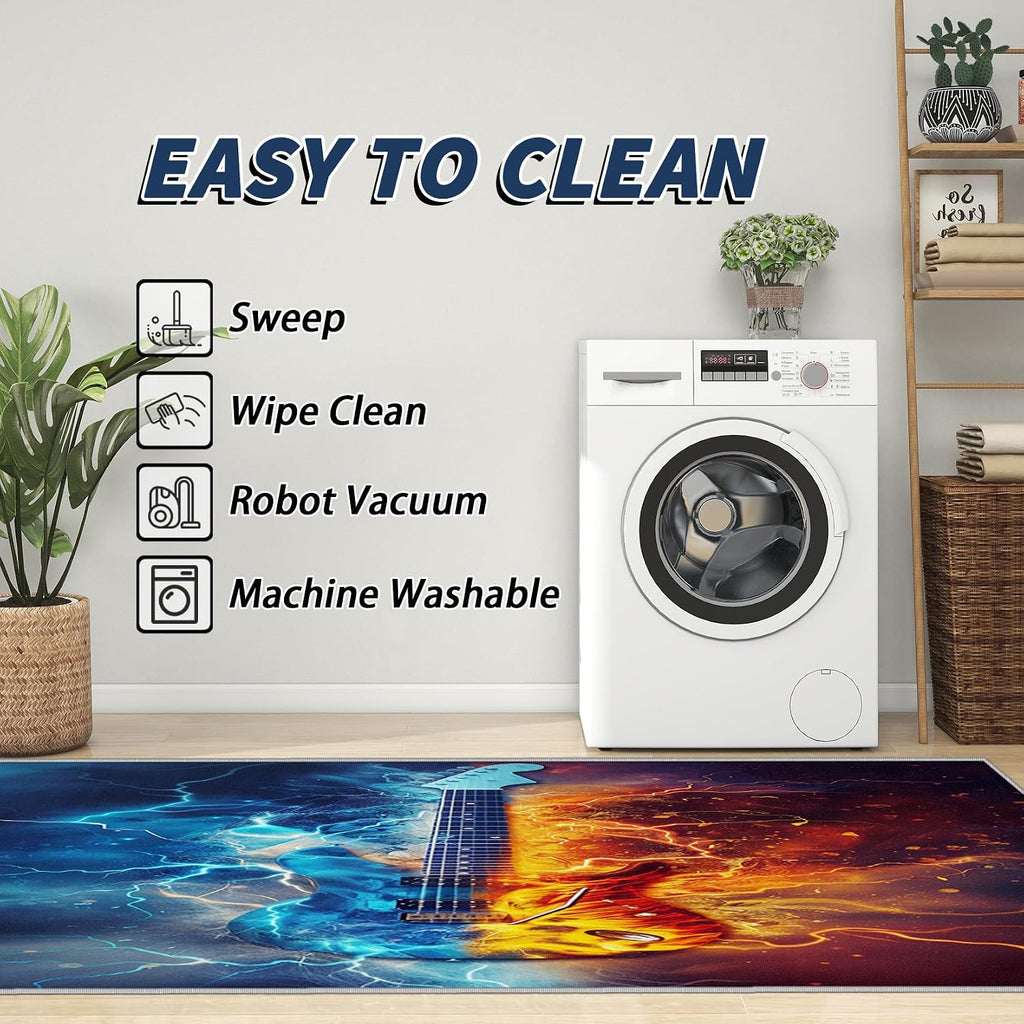 Guitar Rugs for Music Room - 8x10 Rug, Music Rug for Living Room, Electric Guitars Washable Rugs for Bedroom, Boys Cool Musical Area Rug, Rock and Roll Carpet - Home Decor, Guitar Gifts for Men