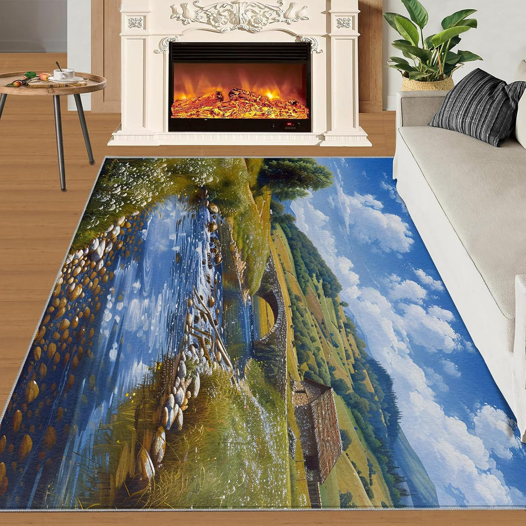 Area Rug 6x8ft, Grassland Lake Rugs, Nature Landscape Area Rug, Upholstery Carpet with Non-Slip Backing, Soft Washable Rug for Living Room Kids Boys Girls Bedroom Study Room