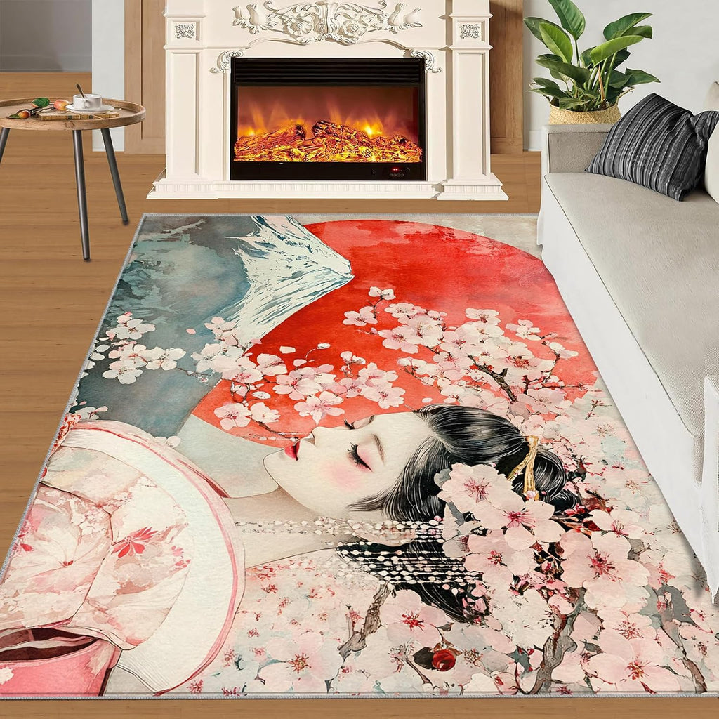 Japanese Rugs for Bedroom, Cherry Blossoms Rug 6x8, Retro Geisha Dining Room Rugs Washable & Non Slip Large Carpet for Home Decor