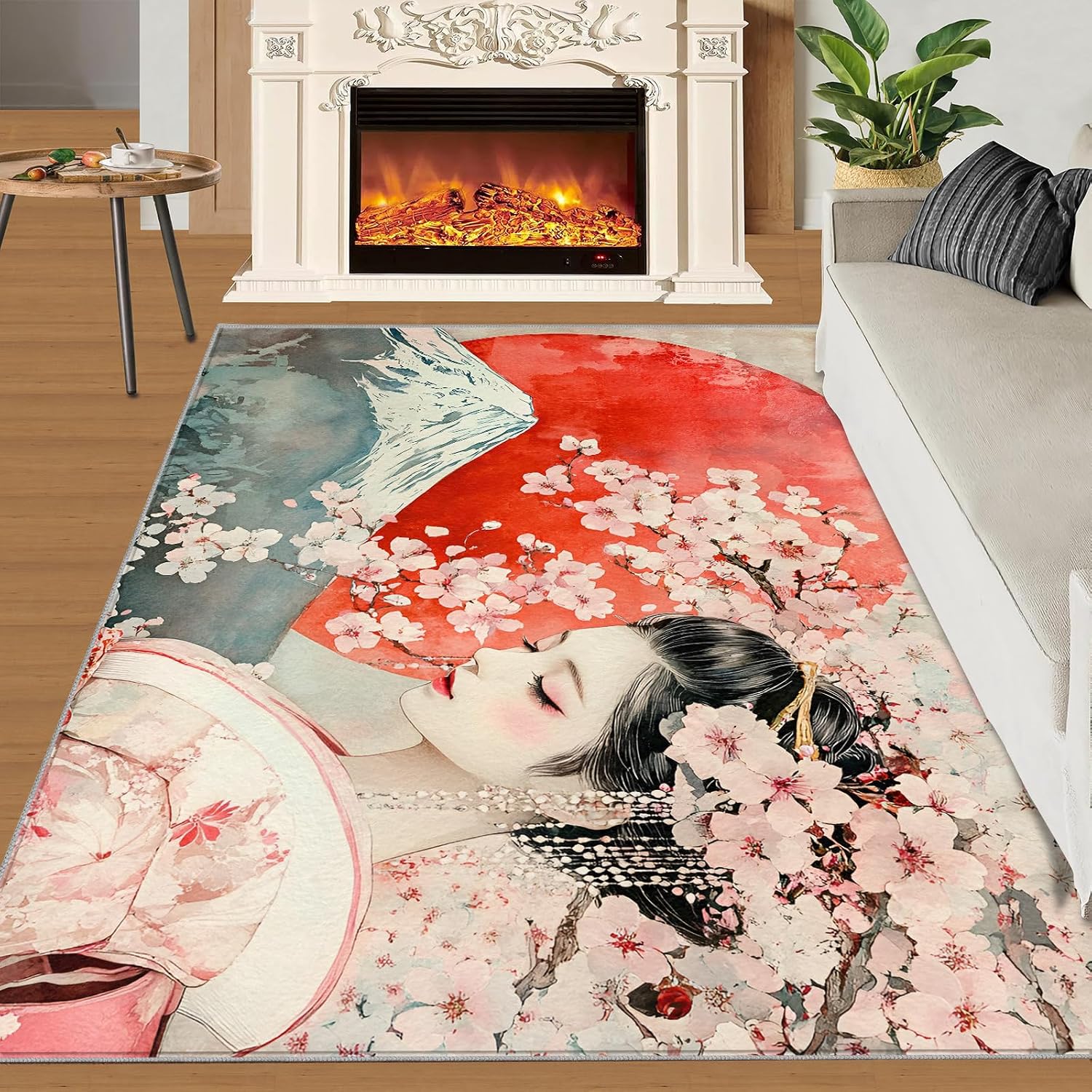 Japanese Rugs for Bedroom, Cherry Blossoms Rug 6x8, Retro Geisha Dining Room Rugs Washable & Non Slip Large Carpet for Home Decor