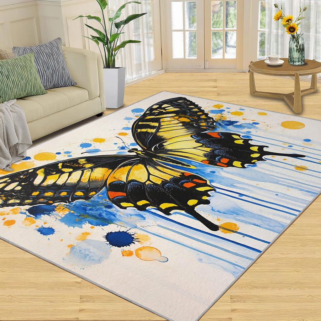 Butterfly Area Rug Large - 6x8 Rug, Moth Rugs for Living Room, Watercolor Carpet, Animal Washable Area Rugs for Bedroom, Kids Carpet, Butterfly Home Decor