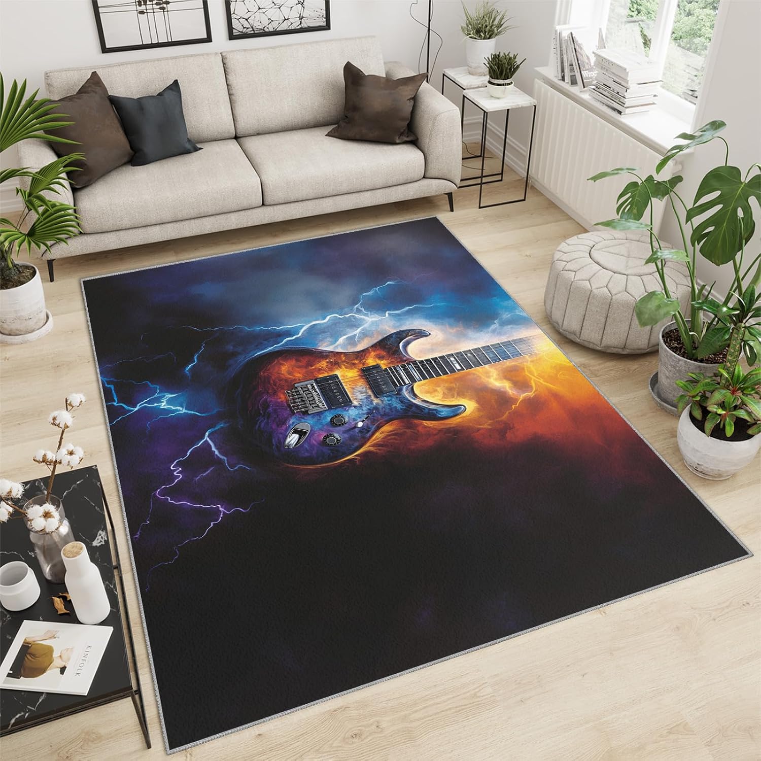 Guitar Rugs for Music Room - 5x7 Rug, Music Home Decor, Boys Musical Washable Rugs for Living Room Bedroom, Cool Lightning Area Rug, Rock and Roll Carpet, Electric Guitars Gifts for Men