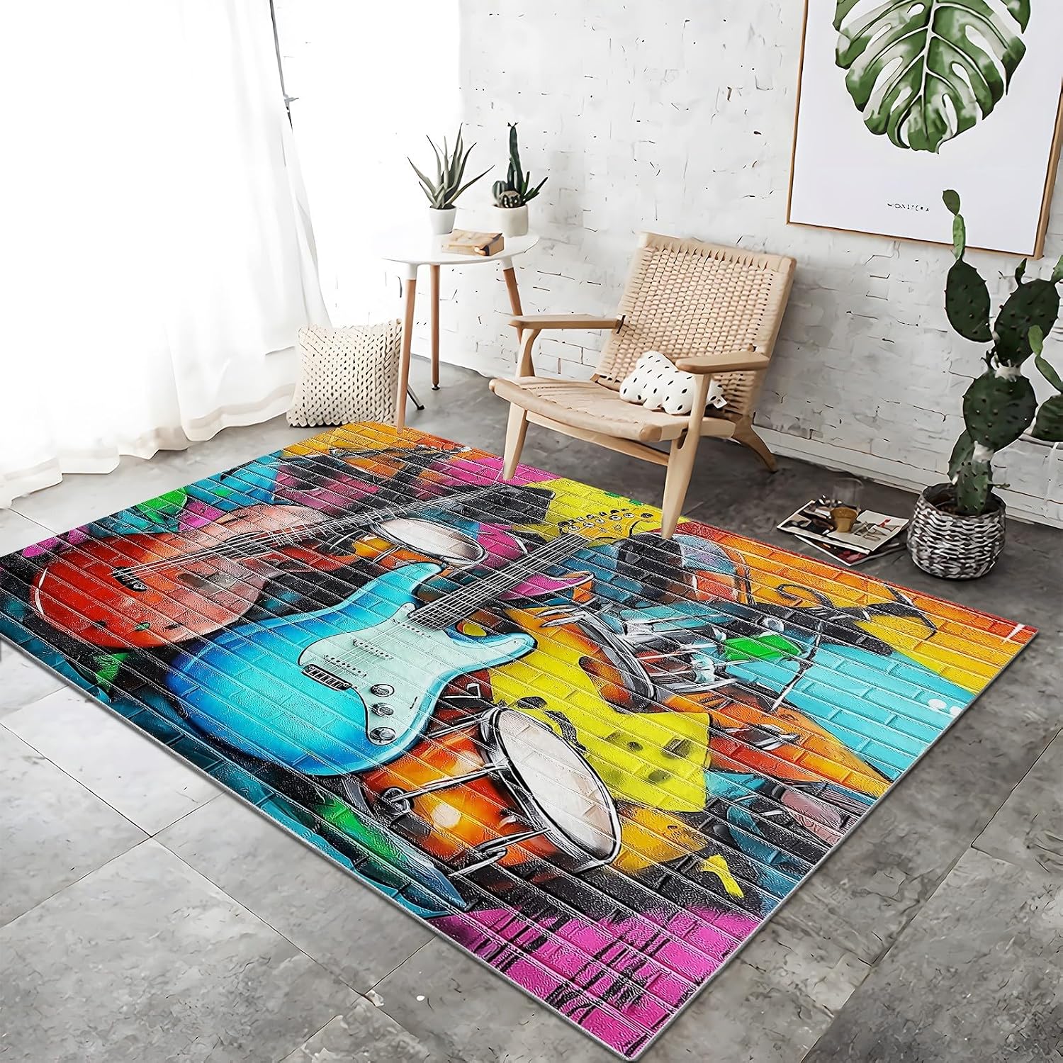Area Rugs for Living Room 5x7 ft Colorful Graffiti Guitar Washable Non-Slip Rug, Modern Low Pile Soft Indoor Print Carpet for Bedroom Dining Room Farmhouse Home Office