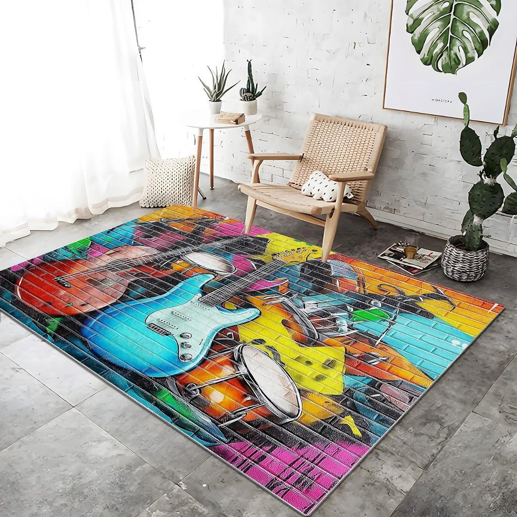 Washable Area Rugs 6x8 ft Colorful Graffiti Guitar Living Room Rug Non-Slip Indoor Floor Carpet for Bedroom Nursery Kids Playroom Office Dining Room Home Decor