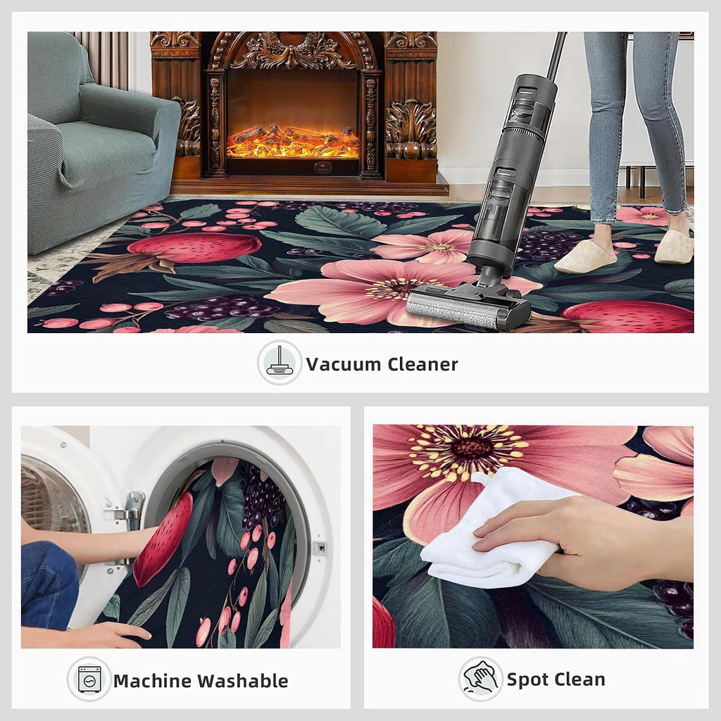 Rustic Rugs for Bedroom, Boho Flowers Area Rug, Pink Florals Rugs for Living Room, 6x8 Washable Rug Non Slip & Low Pile, Indoor Carpet & Home Decor
