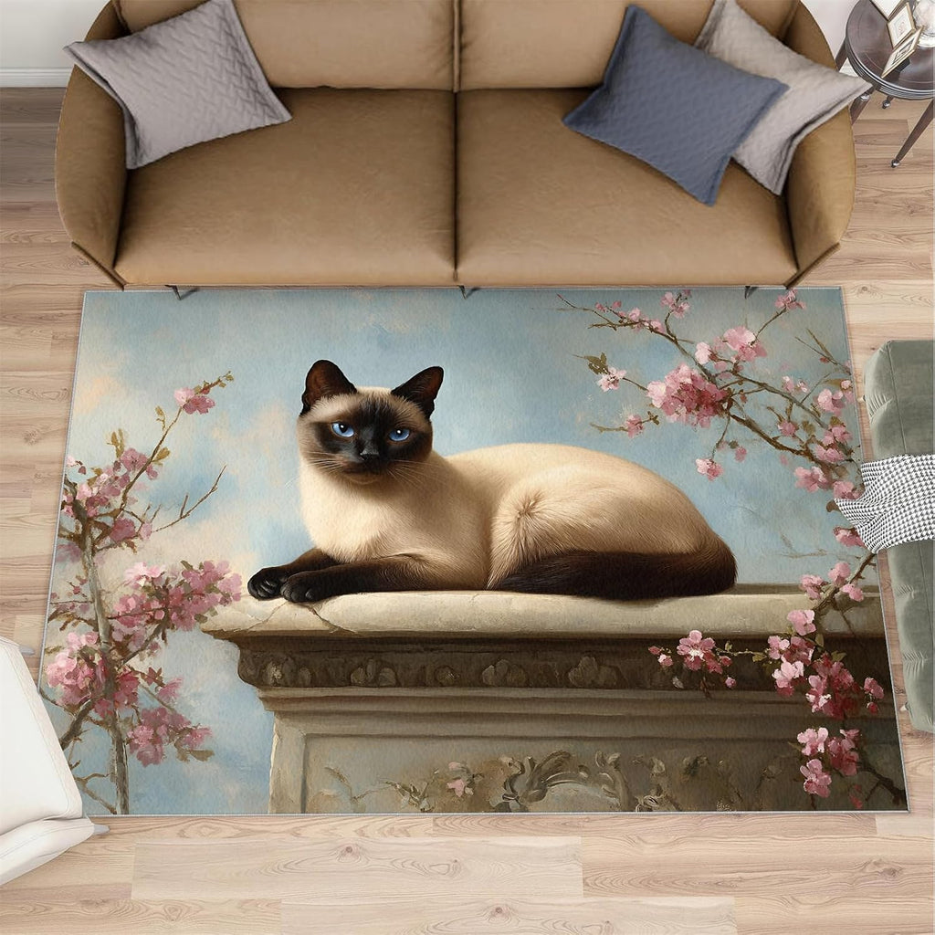 Cat Rug 6x8-6x8 Rug, Animal Area Rugs for Living Room Bedroom, Spring Flower Area Carpet, Kitten Washable Carpet, Cat Home Decor & Gifts