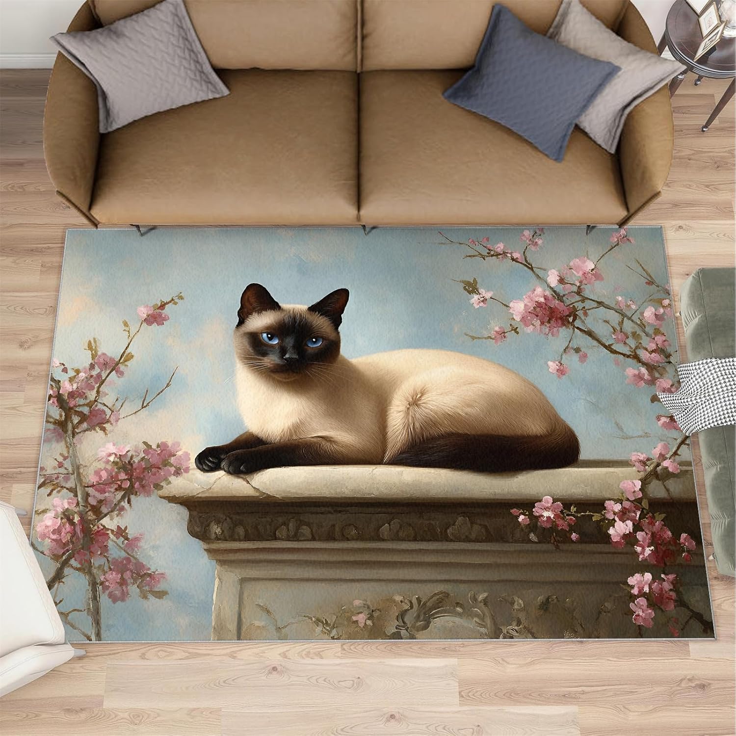 Cat Rug 6x8-6x8 Rug, Animal Area Rugs for Living Room Bedroom, Spring Flower Area Carpet, Kitten Washable Carpet, Cat Home Decor & Gifts