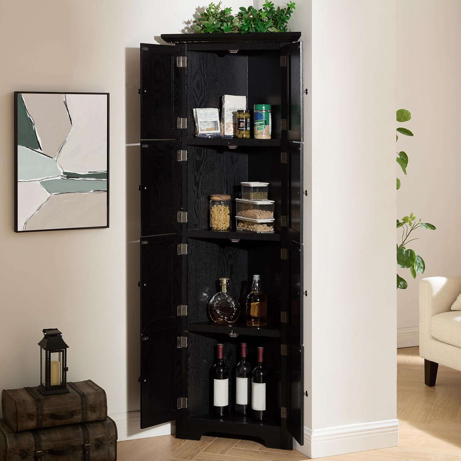 72' Sturdy Freestanding Storage Cabinet, Kitchen Storage Bakers Rack with Tiered Shelves, Utility Food Cupboard with Spacious Doors for Kitchen, Bathroom, Living Room, Black
