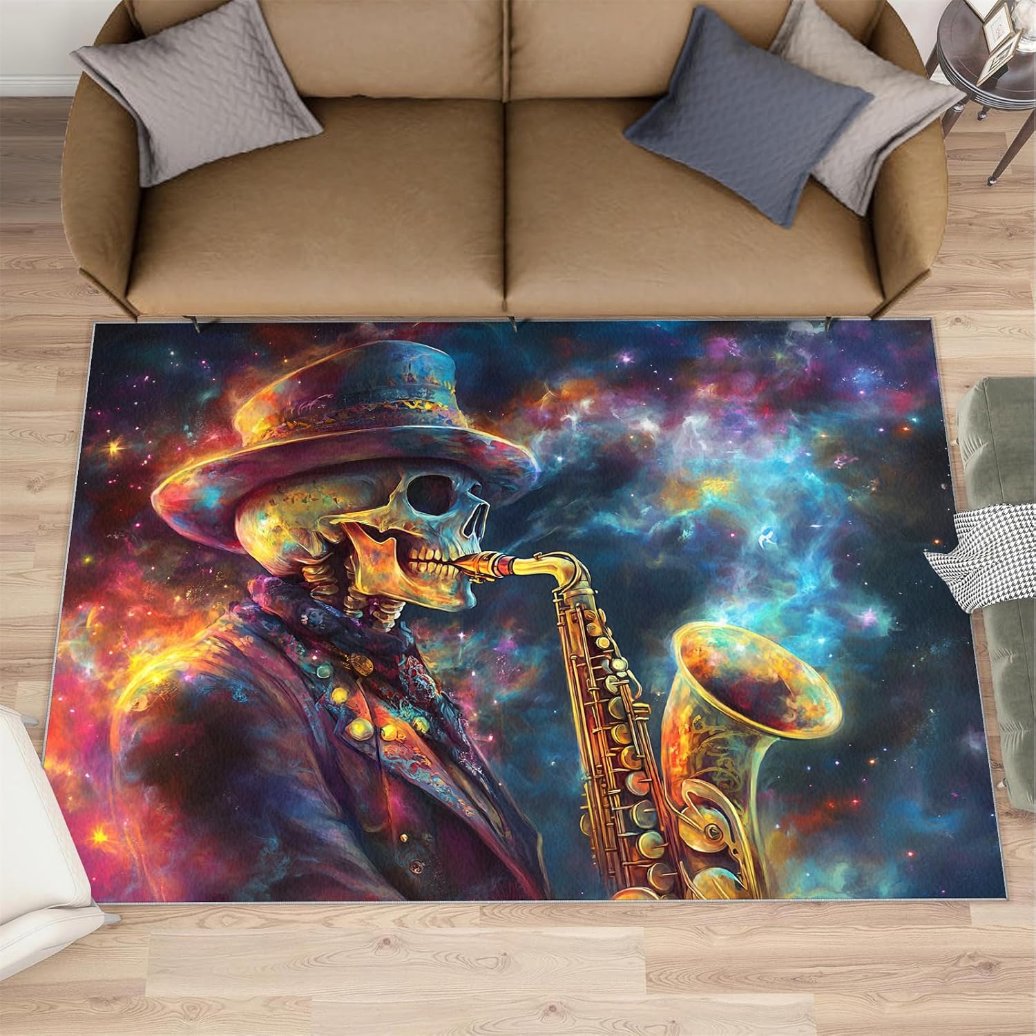 Saxophone Rug for Bedroom 6x8 Rug Skull Rugs, Gothic Style Home Decor, Non Slip Washable Large Rugs, Abstract Musical Instrument Carpet for Boys and Girls Teen Playroom
