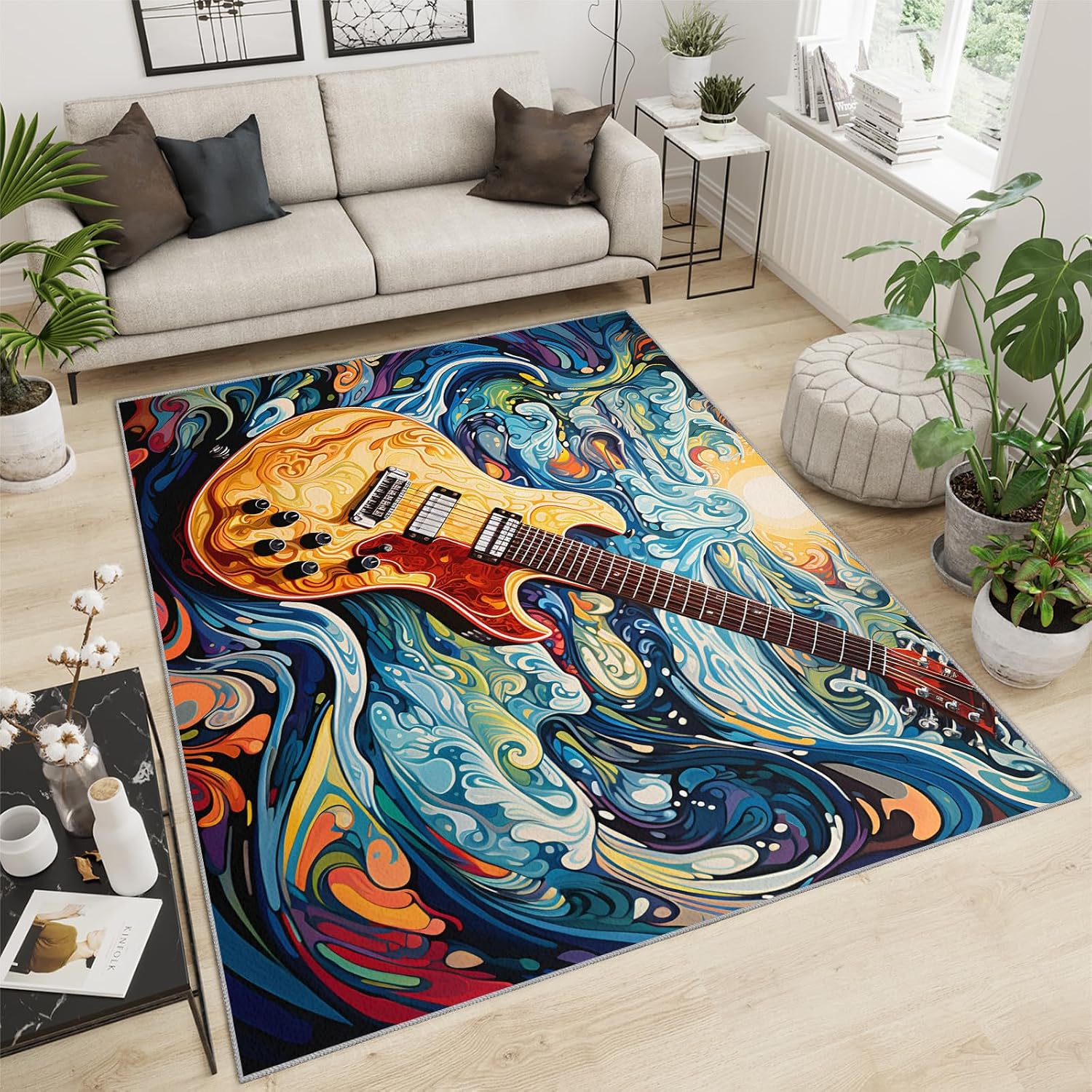 Music Guitar Rug for Bedroom - Music Area Rug - Guitar Lover Rugs for Living Room, Non-Slip Low Pile Carpet for Classroom Recording Studio Band 6x8ft