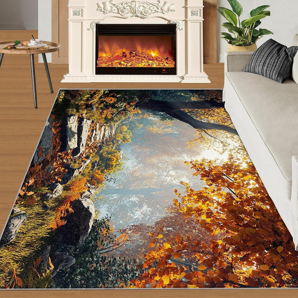 Forest Area Rug Large - 6x8 Rug, Autumn Forest Rugs for Living Room, Stone Path Carpet, Fall Washable Area Rugs for Bedroom, Woodland Carpet, Fall Home Decor