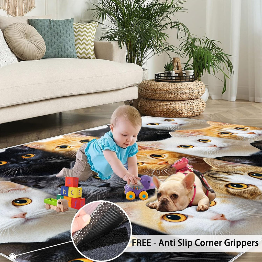Cat Print Rug 6x9 Area Rug, Cute Cat Washable Rugs, Animal Print Rugs for Living Room Bedroom Decor, Low Pile & Non Slip Indoor Carpet