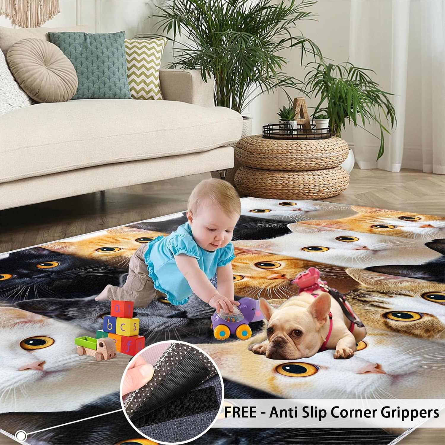 Cat Print Rug 6x9 Area Rug, Cute Cat Washable Rugs, Animal Print Rugs for Living Room Bedroom Decor, Low Pile & Non Slip Indoor Carpet