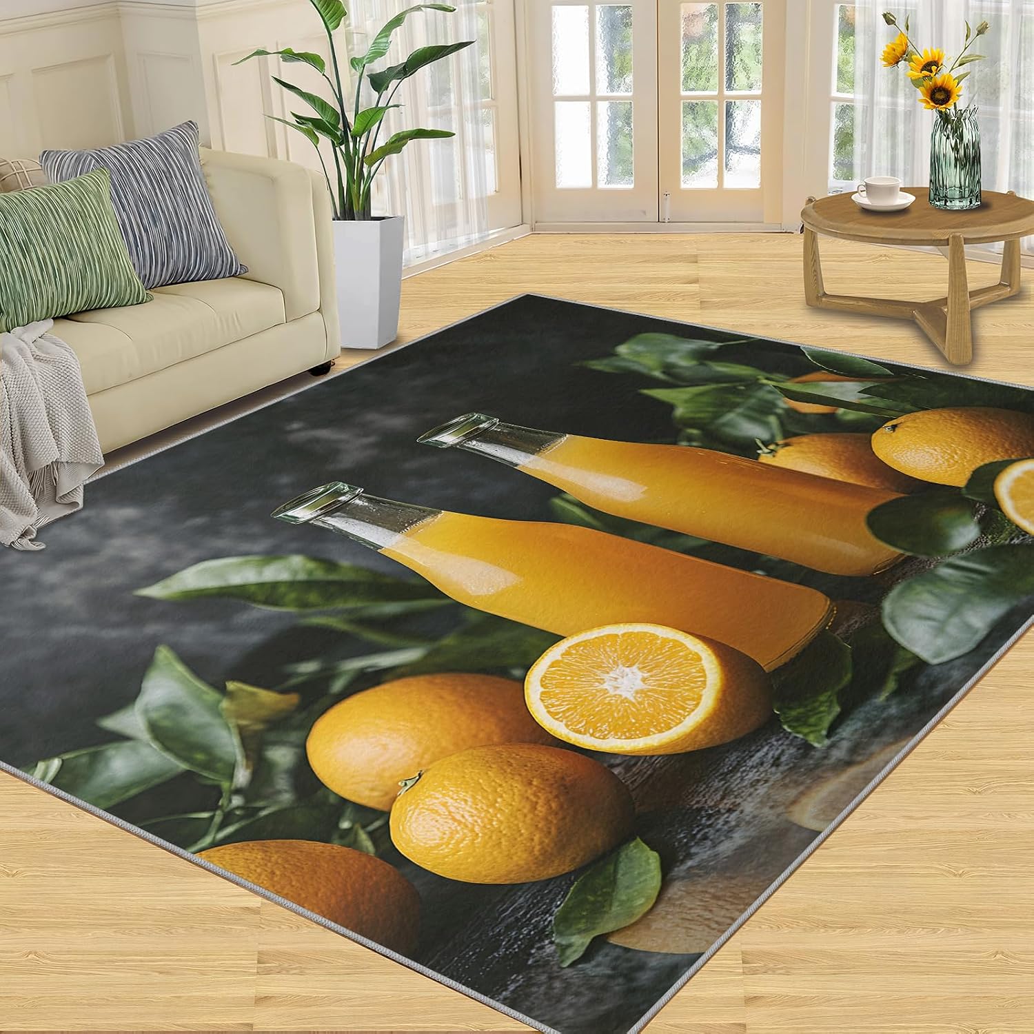 Orange Juice Area Rug Large - 6x8 Rug, Oranges Rugs for Living Room, Fruit Carpet, Fruits Drink Washable Area Rugs for Bedroom, Modern Carpet, Orange Home Decor