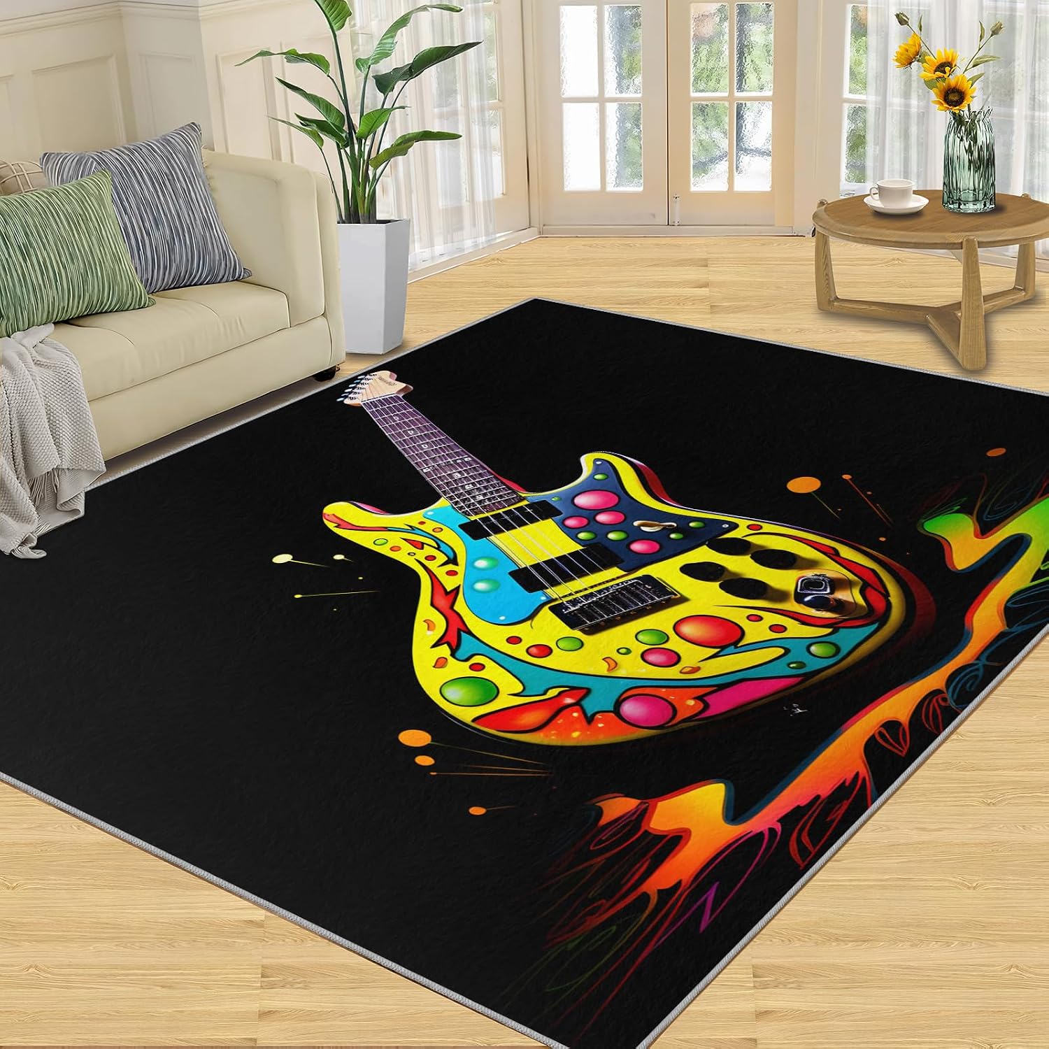 Guitar Home Decor Area Rug - Cool Guitar Bedroom Rug - Music Lover Living Room Rugs - Non-Slip Low Pile Carpet for Kids Room Band Recording Studio 6x8ft