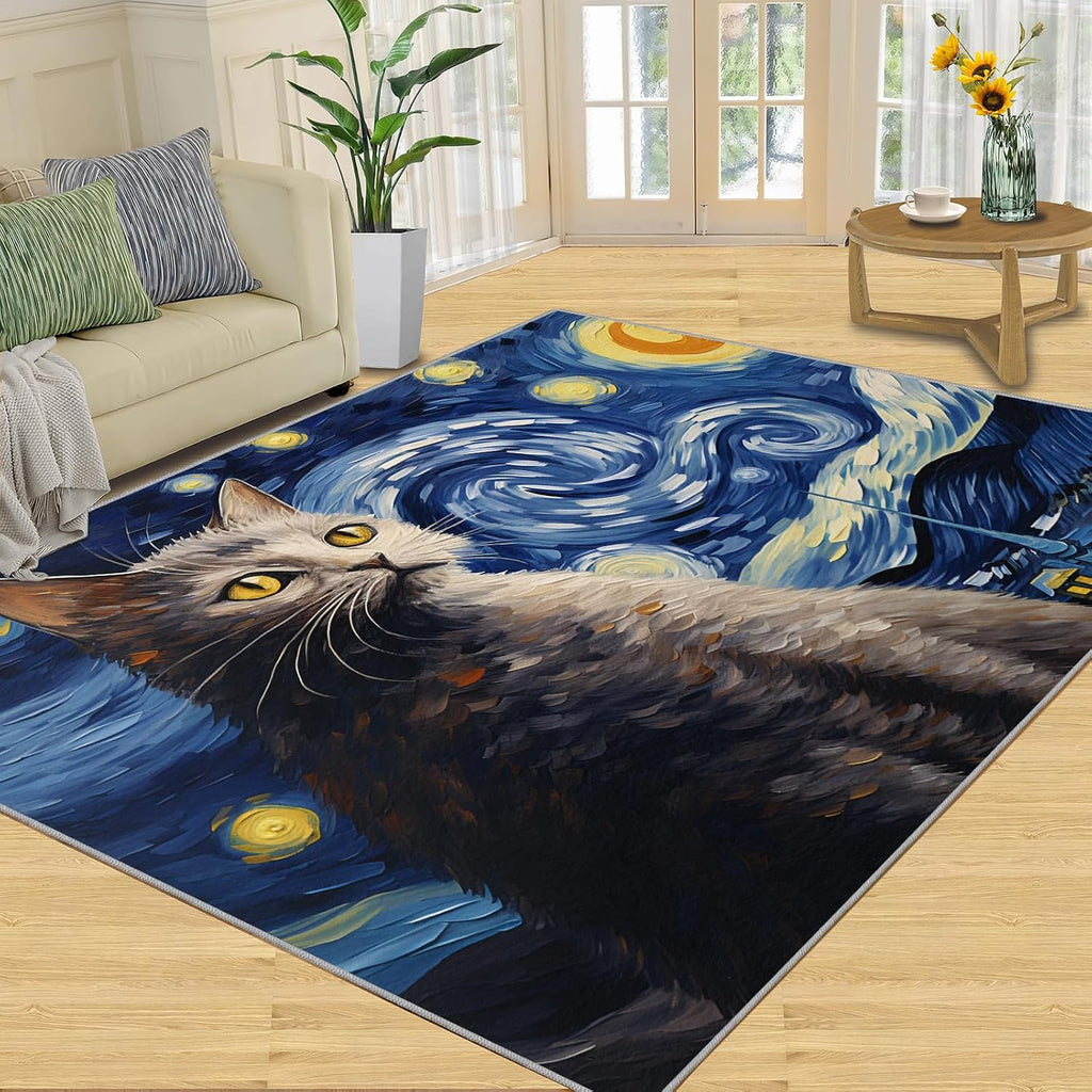 6x8 Area Rug - Starry Sky British Shorthair Cat Large Rugs for Living Room, Post-Impressionist Art Painting Carpet Area Rug for Girls Bedroom Kids Room Basement Office Classroom