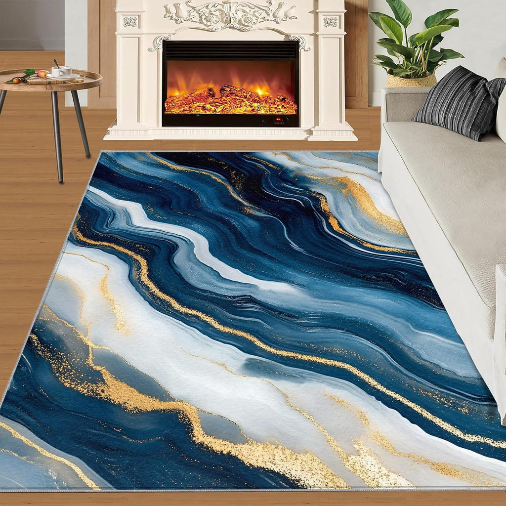 Modern Area Rug Large - 6x8 Rug, Blue Gold Marble Rugs for Living Room, Light Luxury Carpet, Abstract Washable Area Rugs for Bedroom, Contemporary Carpet, Blue Marble Home Decor