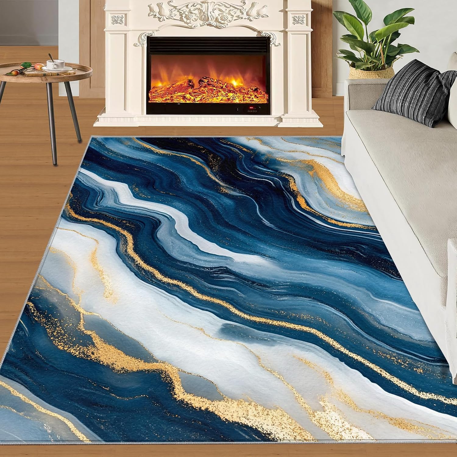 Modern Area Rug Large - 6x8 Rug, Blue Gold Marble Rugs for Living Room, Light Luxury Carpet, Abstract Washable Area Rugs for Bedroom, Contemporary Carpet, Blue Marble Home Decor
