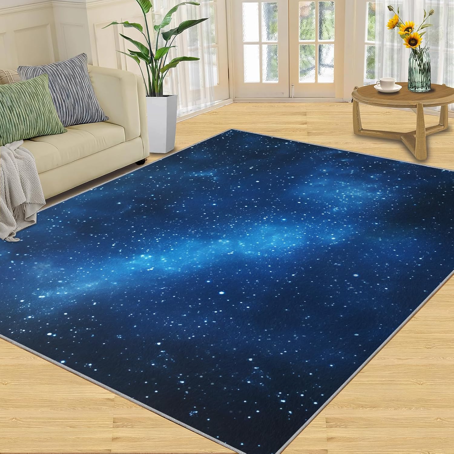Blue Starry Sky Area Rug - Large Rug 6x8 - Stars Rugs for Living Room - Soft & Non Slip & Washable Rugs for Bedroom, Nebula Carpets for Dining Room Lounge Girls Room