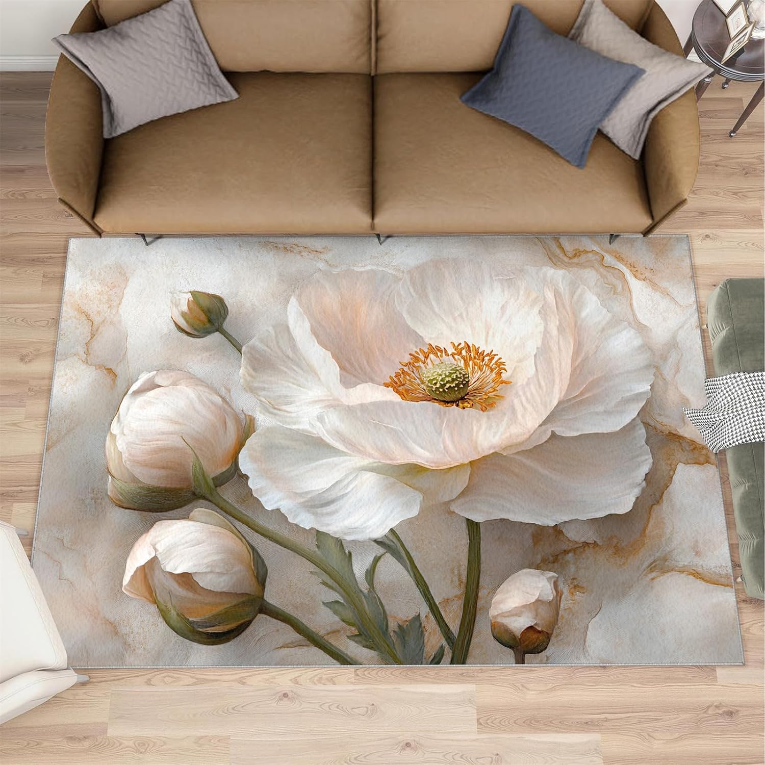 Floral Rugs for Bedroom - 6x8 Rug, Luxury Marble Area Rugs for Living Room, Fantasy Flower Carpet, Nordic Washable Area Mat, Aesthetic Carpet, Floral Marble Home Decor & Gifts